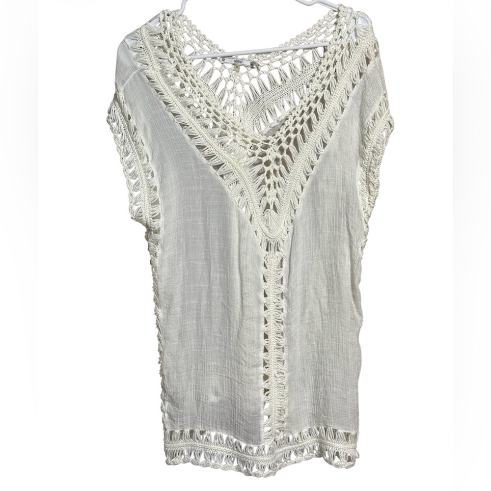 Sioni White Crochet Lace Boho Poncho Top Size S Fringe Hem